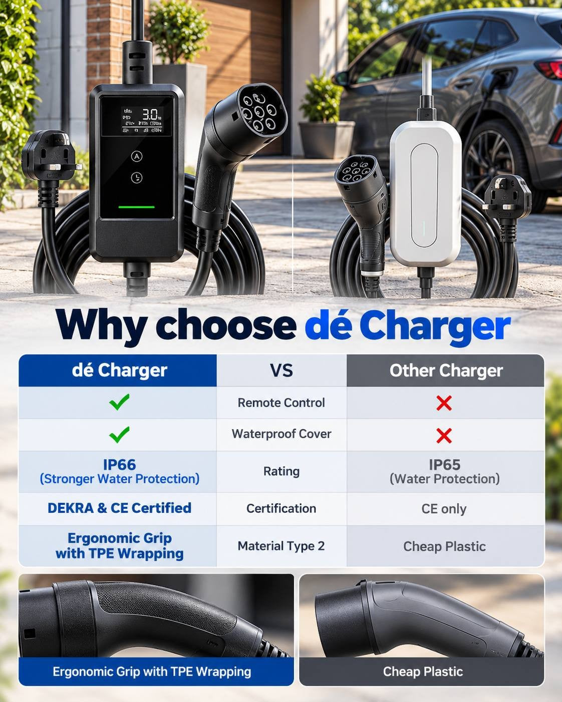 Comparison chart highlighting why choose the brand's charger over others, detailing features like remote control, waterproof cover, IP66 vs IP65 rating, DEKRA & CE certification, and ergonomic grip with TPE wrapping.