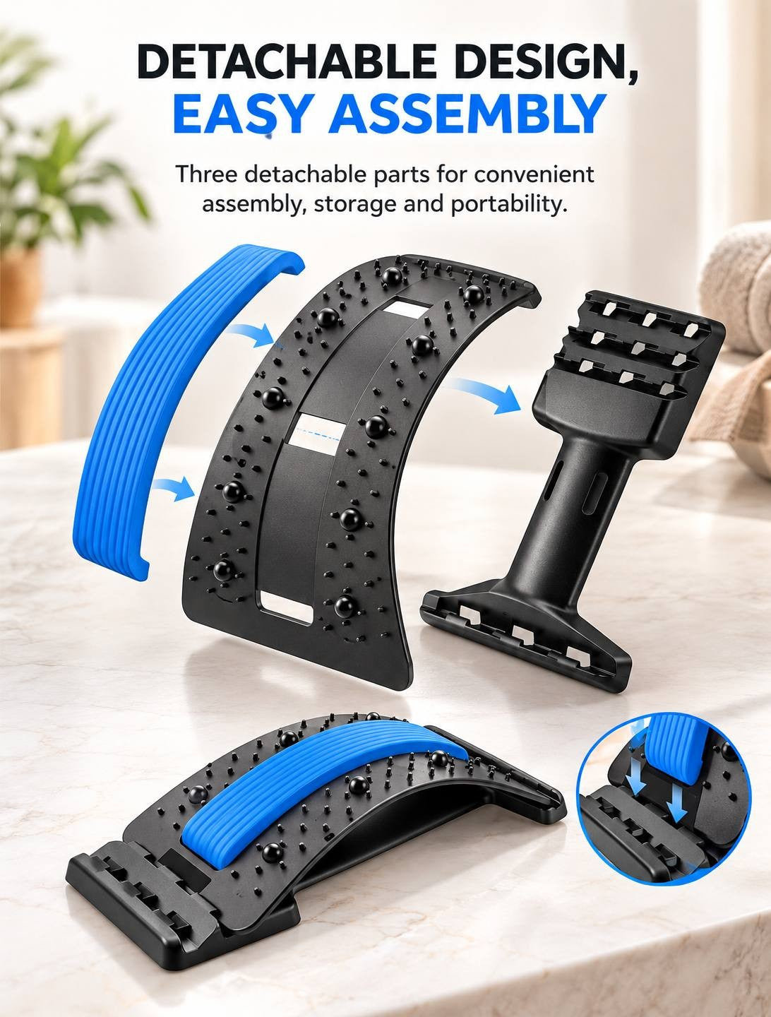 Exploded product view showing three detachable parts of the spine stretcher including the base, arched plate, and central blue cushion strip.