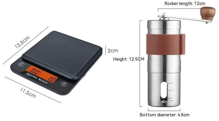 Measurement chart comparing a digital kitchen scale and a manual coffee grinder.