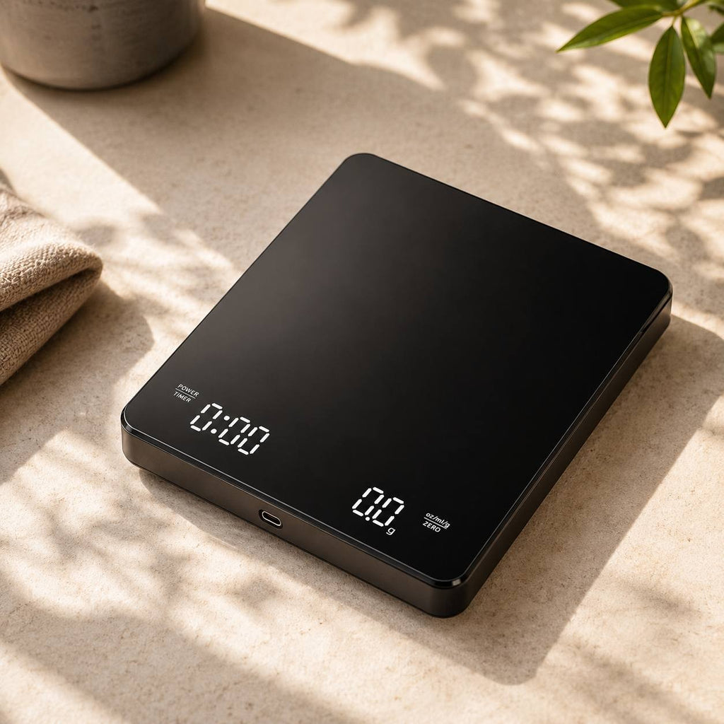 Modern minimalist black digital coffee scale with a built-in timer, white LED display, and USB-C port on a textured surface.