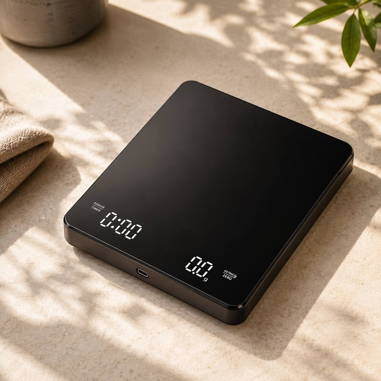 Modern minimalist black digital coffee scale with a built-in timer, white LED display, and USB-C port on a textured surface.
