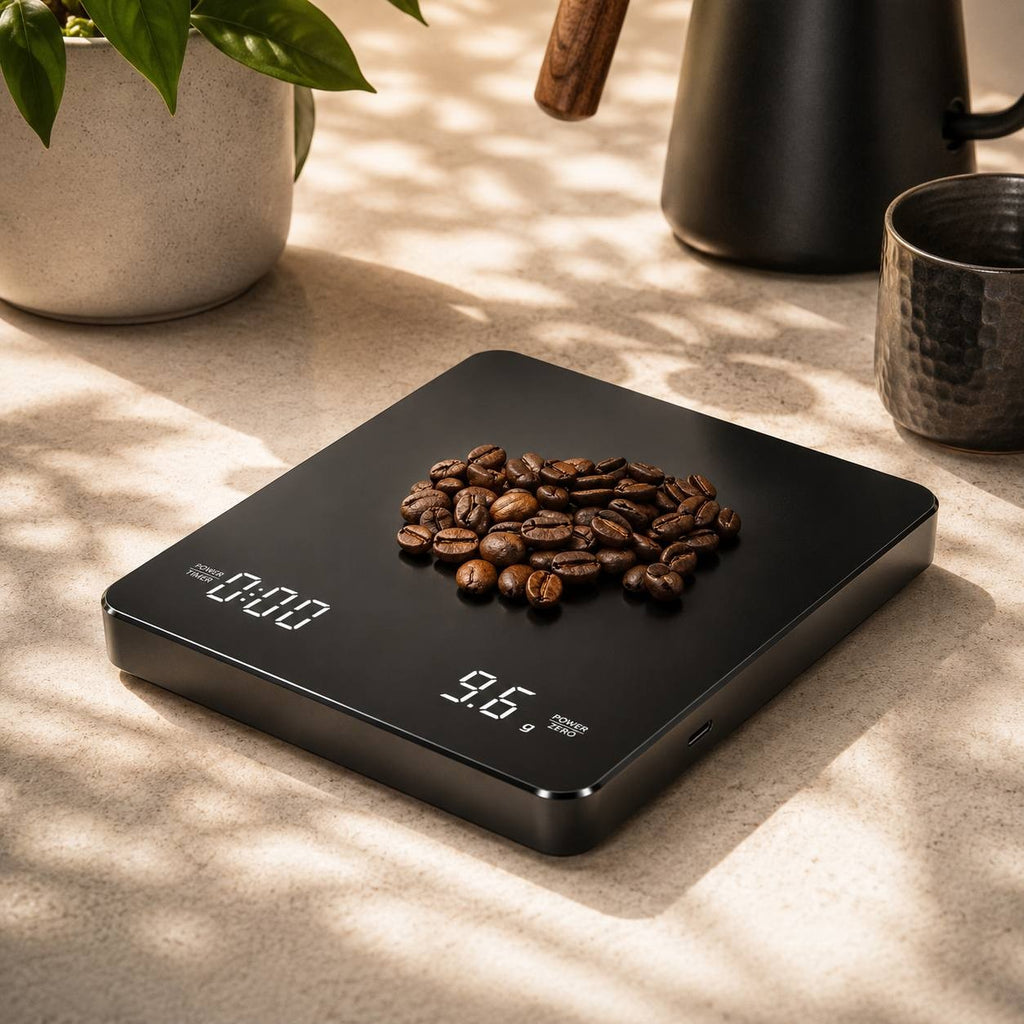 Minimalist matte black digital coffee scale with a built-in timer displaying white LED numbers, with a pile of roasted coffee beans on top