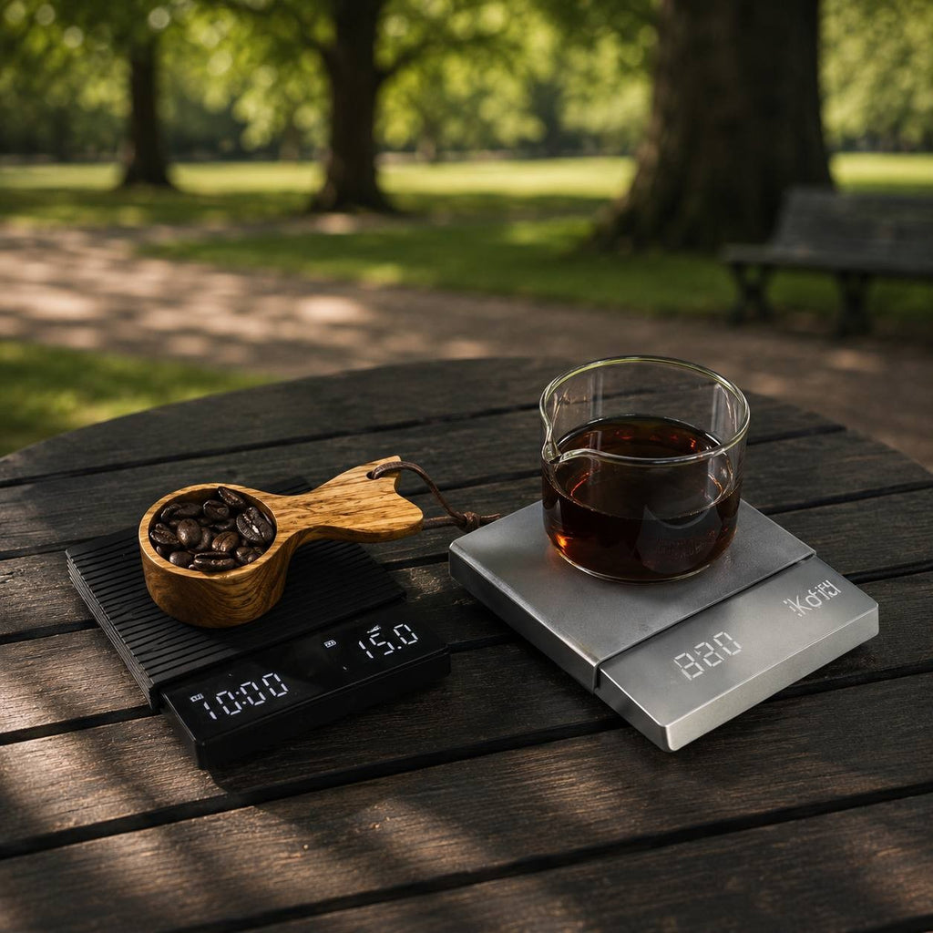 Digital coffee scales and an olive wood scoop with whole coffee beans on a dark wooden slatted outdoor table.
