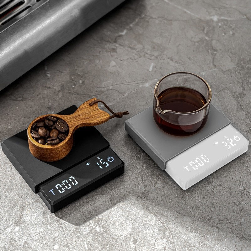 Two digital kitchen scales on a gray surface with coffee beans and a cup of coffee.