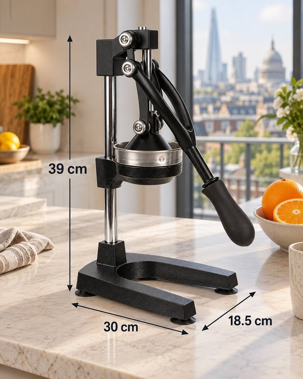 A black manual lever citrus juicer displayed on a kitchen countertop with overlaid dimension arrows and measurements showing a height of 39 cm, length of 30 cm, and width of 18.5 cm.