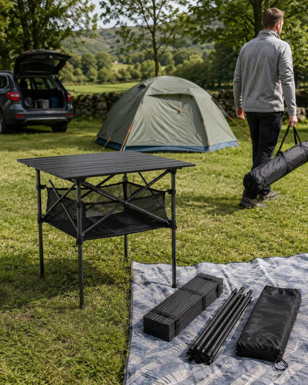 A fully assembled black folding camping table standing on grass next to a patterned blanket displaying disassembled slatted table parts, frame poles, and a black carry bag, with a man walking toward a tent in the background.