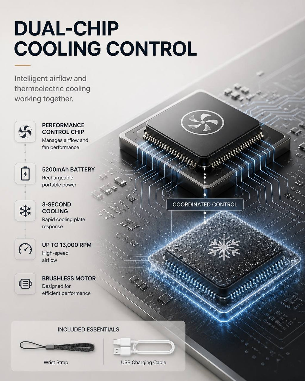 Product infographic highlighting the dual-chip cooling control of the handheld fan, showing the performance control chip and thermoelectric cooling chip working together on a circuit board.