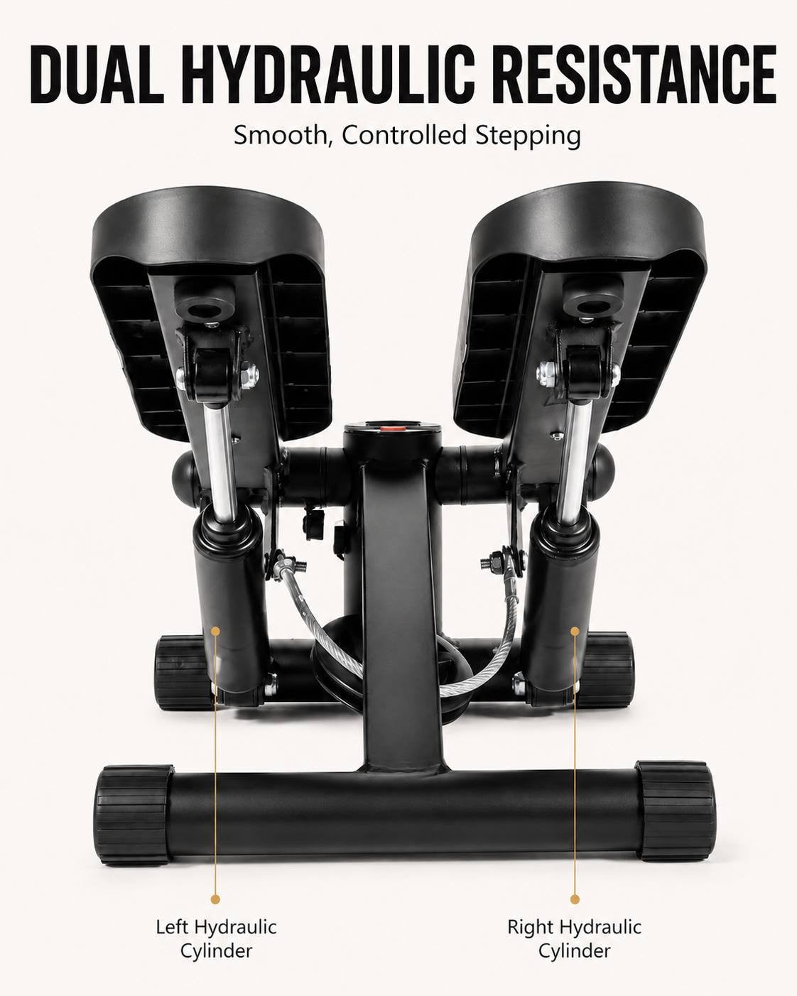 A rear-view close-up of the black exercise stepper showing its dual hydraulic cylinders, labeled as left hydraulic cylinder and right hydraulic cylinder, designed for smooth and controlled stepping.