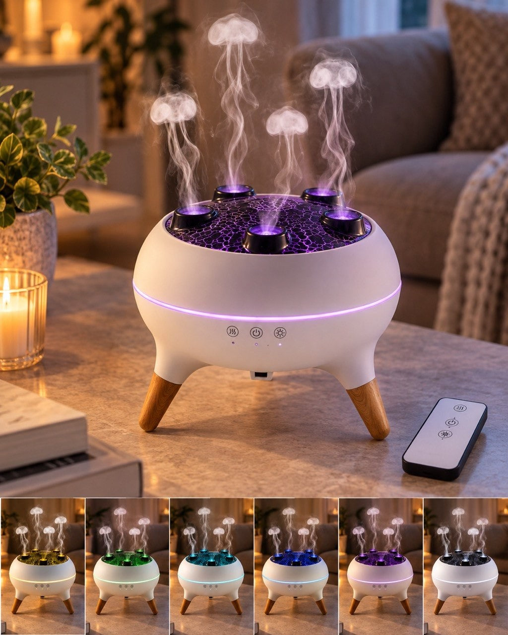 Promotional photo showcasing the dynamic jellyfish aroma diffuser operating with ring-shaped mist and multi-color LED gradient lighting variations shown in small thumbnails below.