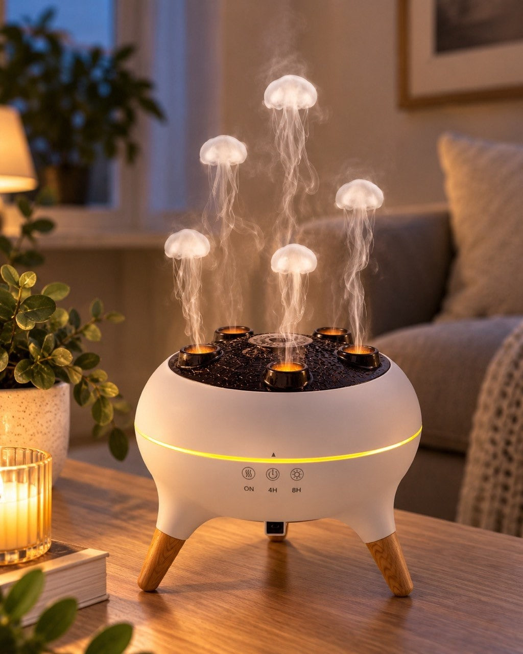 Atmospheric nighttime photo showing illuminated jellyfish-shaped smoke rings rising from multiple nozzles of the diffuser with a warm ambient LED base glow.