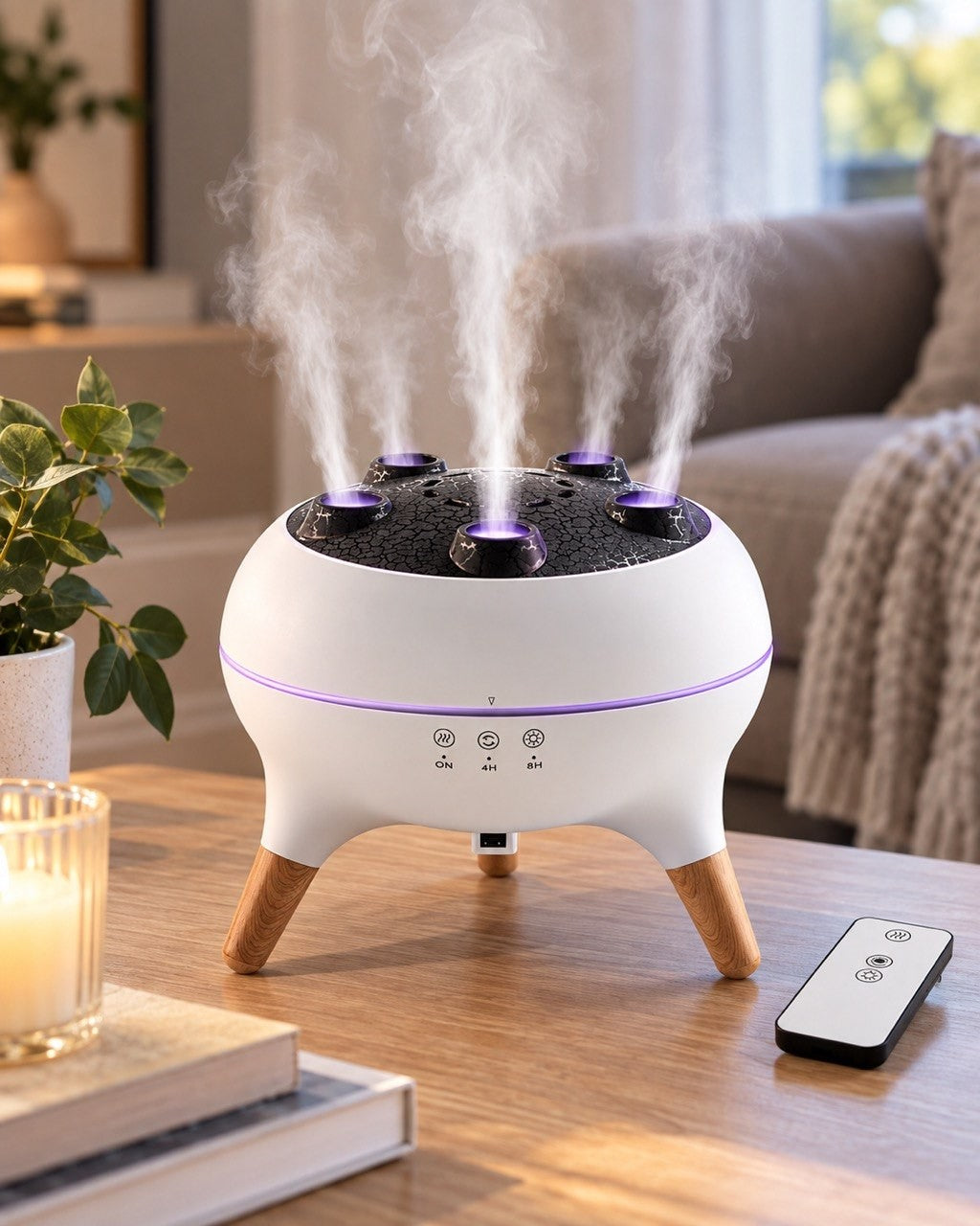 Lifestyle photo of the white and black jellyfish aroma diffuser releasing multi-stream mist on a wooden living room table with a remote control.