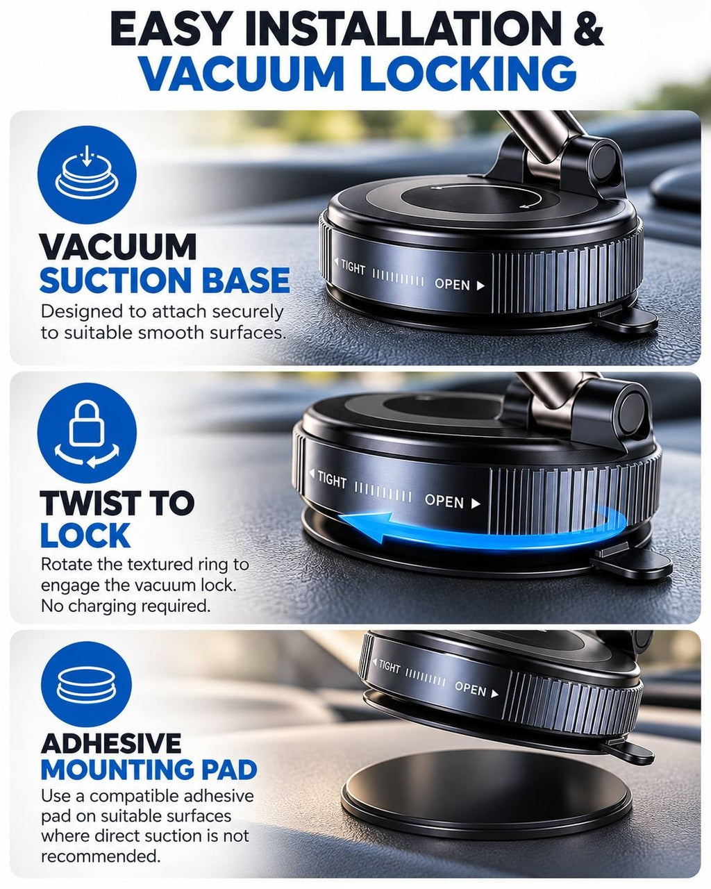 Step-by-step installation guide showing the vacuum suction base, the twist-to-lock action, and an included adhesive mounting pad for textured surfaces.