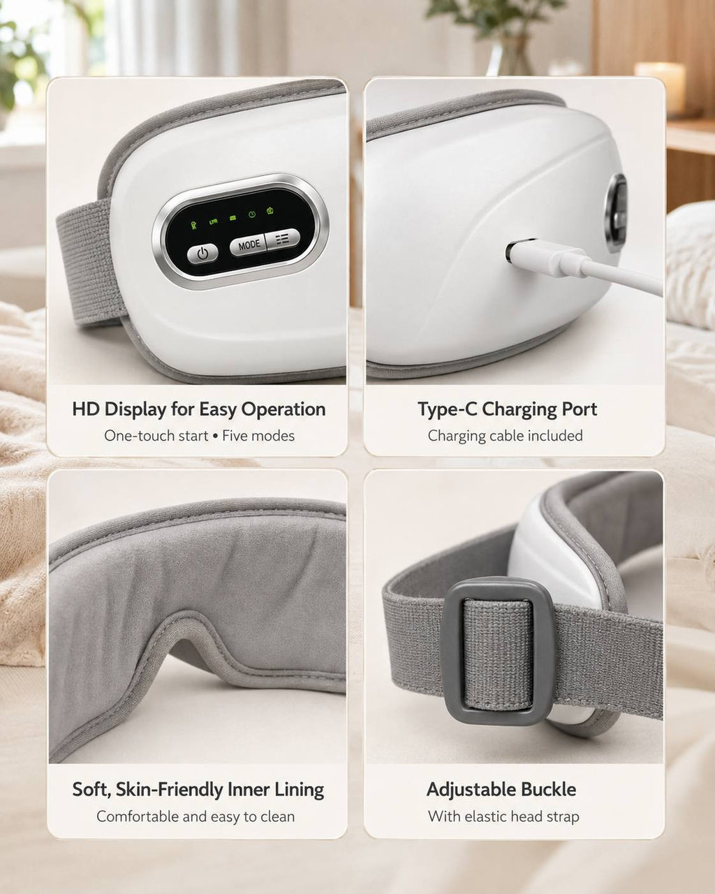 A four-grid product detail infographic of a white electric airbag eye massager showing the HD display panel, Type-C charging port, soft skin-friendly inner lining, and adjustable elastic head strap buckle.