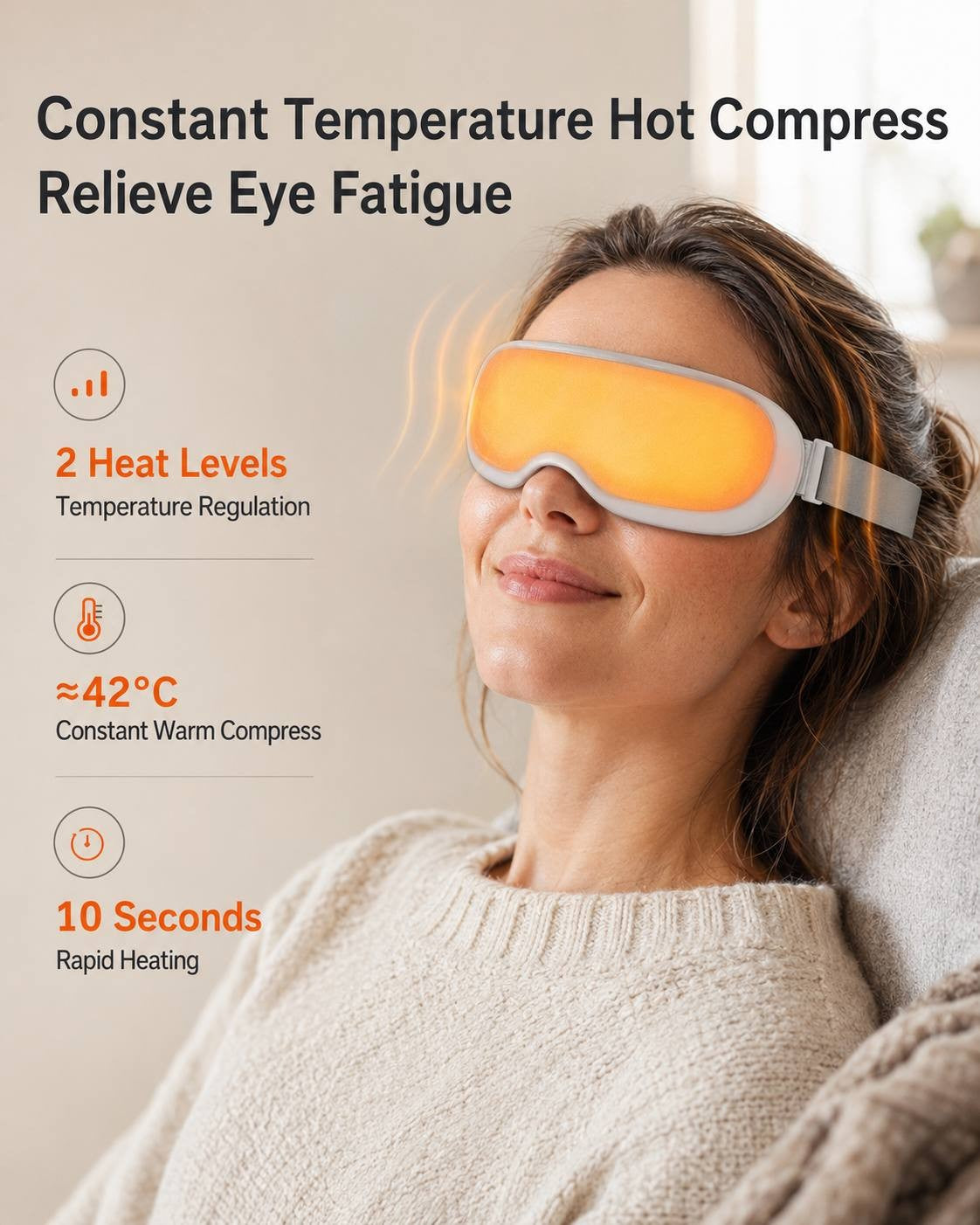A woman relaxing with a white electric airbag eye massager featuring a constant temperature hot compress of approximately 42°C, 2 heat levels, and 10-second rapid heating.