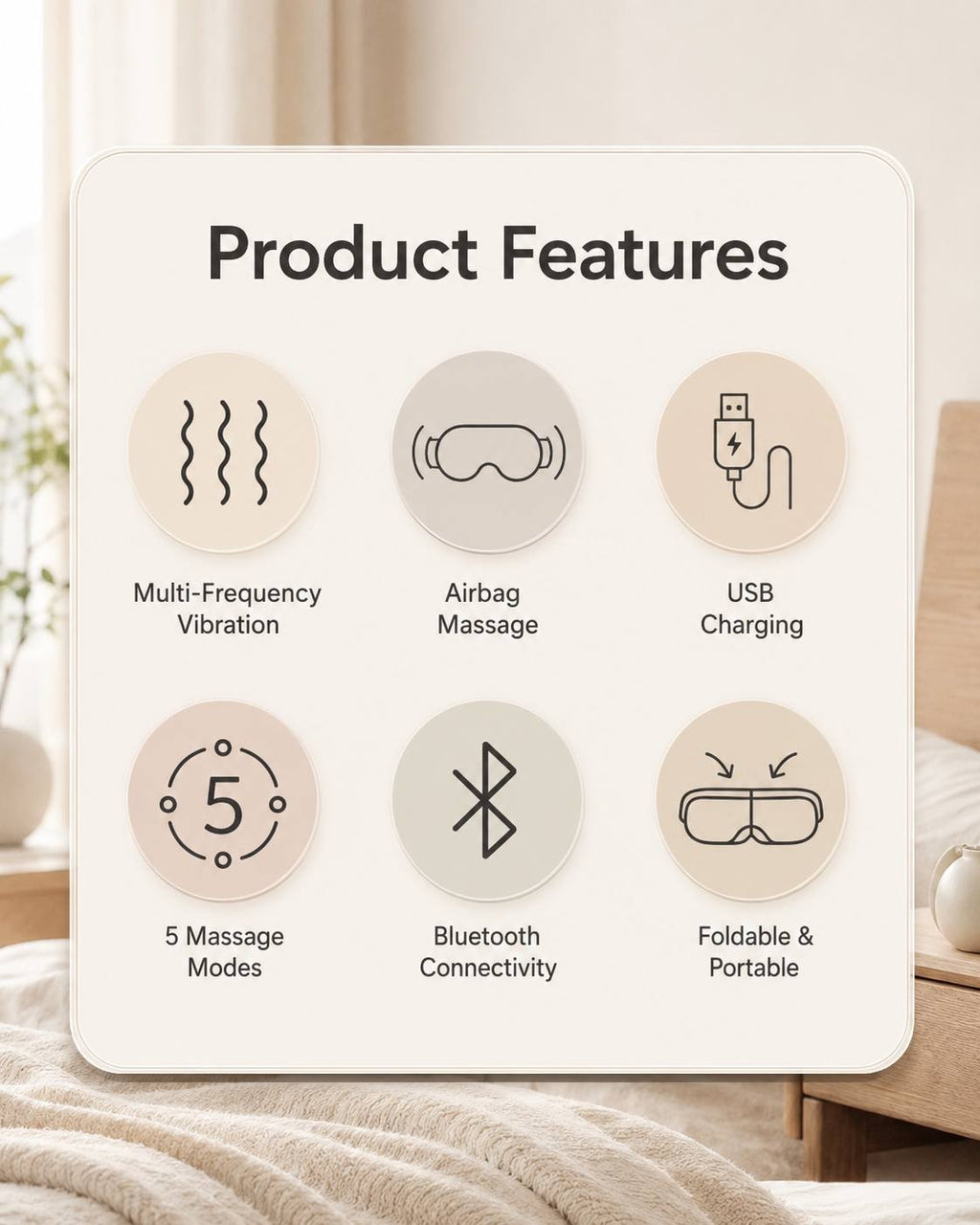 Infographic displaying the core product features of the electric airbag eye massager, including multi-frequency vibration, airbag massage, USB charging, 5 massage modes, Bluetooth connectivity, and a foldable portable design.