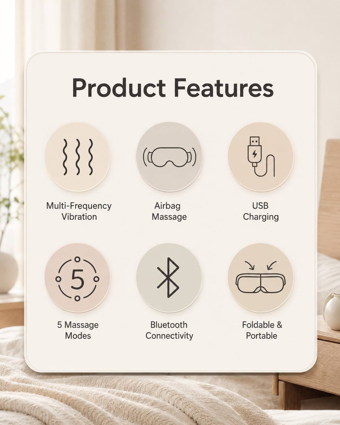 Infographic displaying the core product features of the electric airbag eye massager, including multi-frequency vibration, airbag massage, USB charging, 5 massage modes, Bluetooth connectivity, and a foldable portable design.