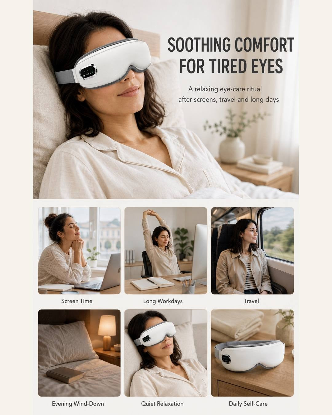 An informational banner showing a woman using a white electric airbag eye massager with lifestyle sub-images depicting screen time, long workdays, travel, evening wind-down, quiet relaxation, and daily self-care.