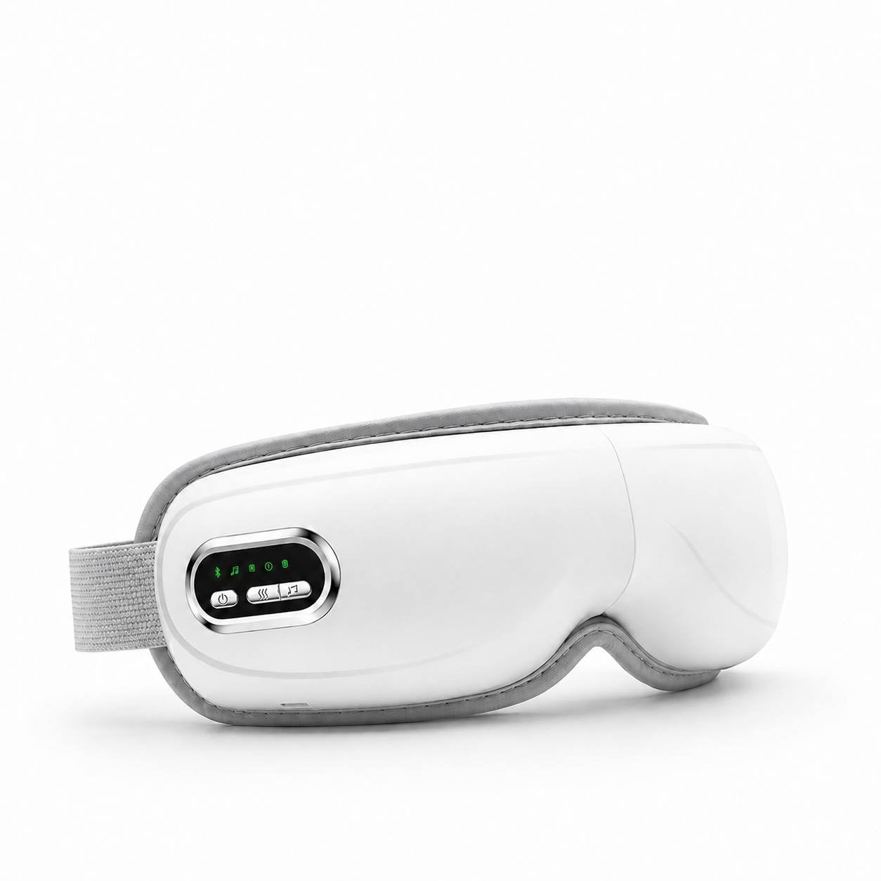 Studio product shot of a white electric airbag eye massager with a digital control panel and gray elastic headband against a clean white background.