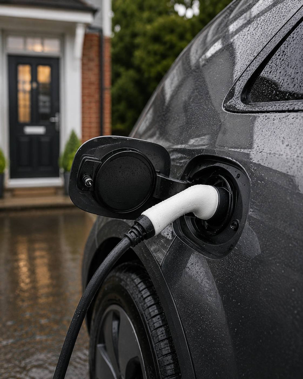 A grey electric vehicle plugged in and charging with a white Type 2 connector at a residential home during a rainy day, with water droplets visible on the car's surface.