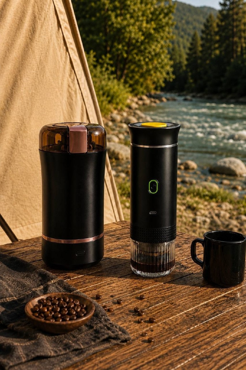 Electric coffee grinder placed on a wooden table next to a portable espresso maker in a camping setting.