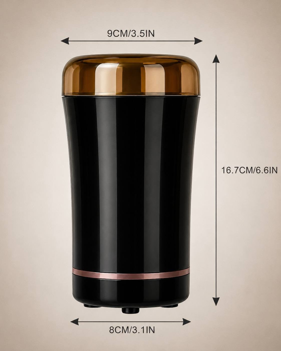Technical image showing the height and width measurements of the electric coffee grinder in cm and inches.