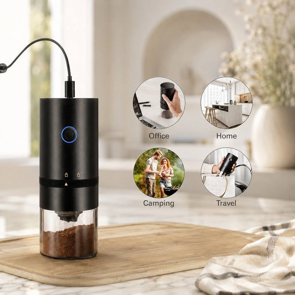 Portable electric coffee grinder on a wooden board with circular insets showing usage in an office, home kitchen, camping, and during travel.