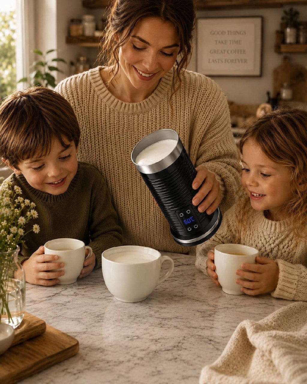 Happy family preparing hot chocolate drinks together using the electric milk frother at home.