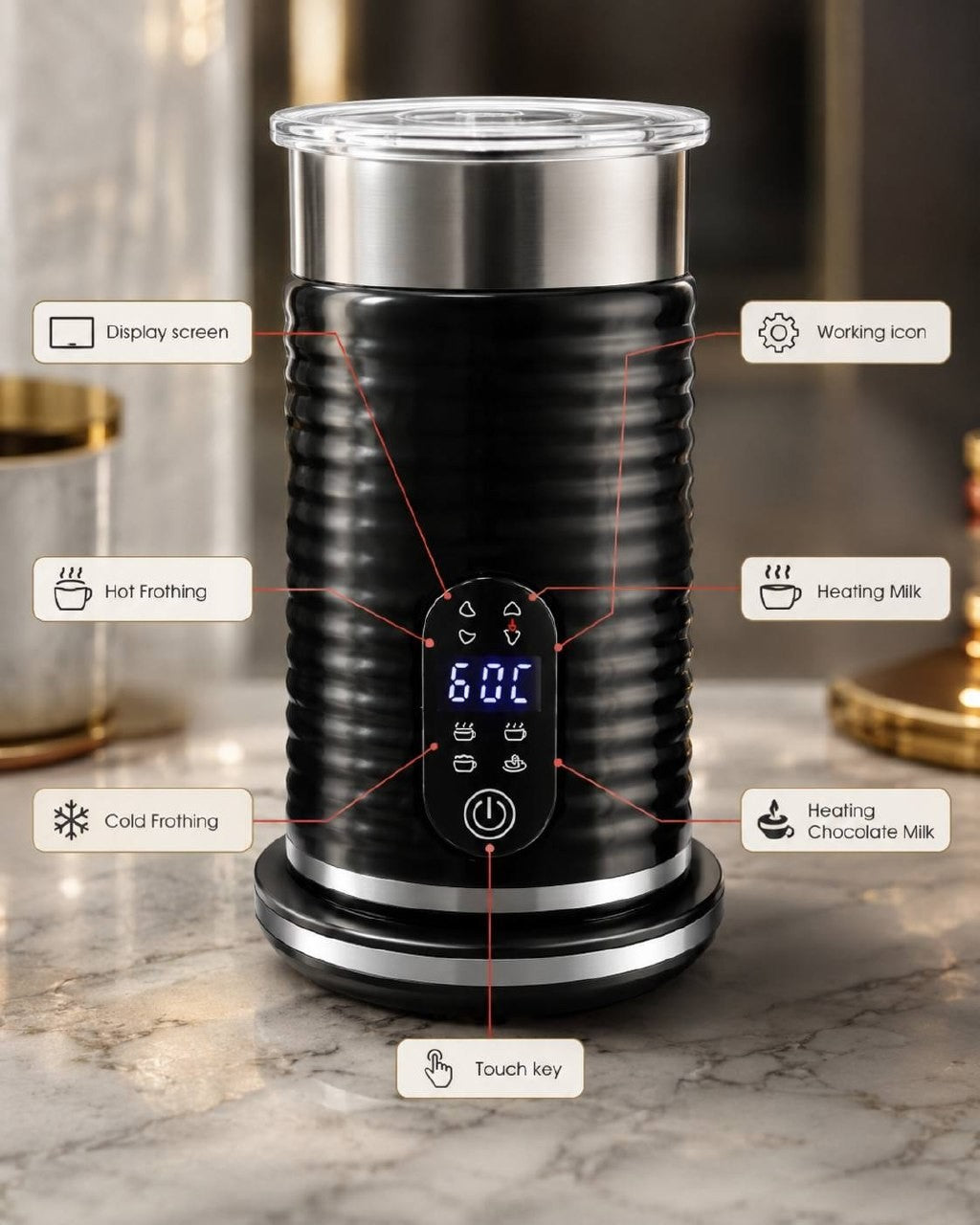 Digital touch control panel on the front of the electric milk frother showing temperature and modes.