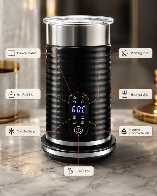 Digital touch control panel on the front of the electric milk frother showing temperature and modes.