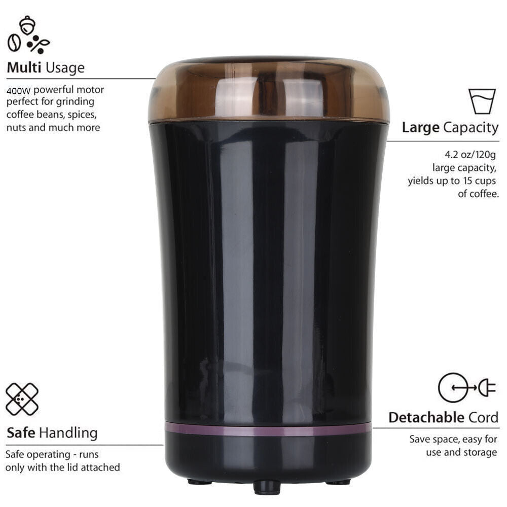 Infographic showcasing multi-usage for coffee, spices, nuts, 400W power, large capacity, safe handling, and detachable cord.
