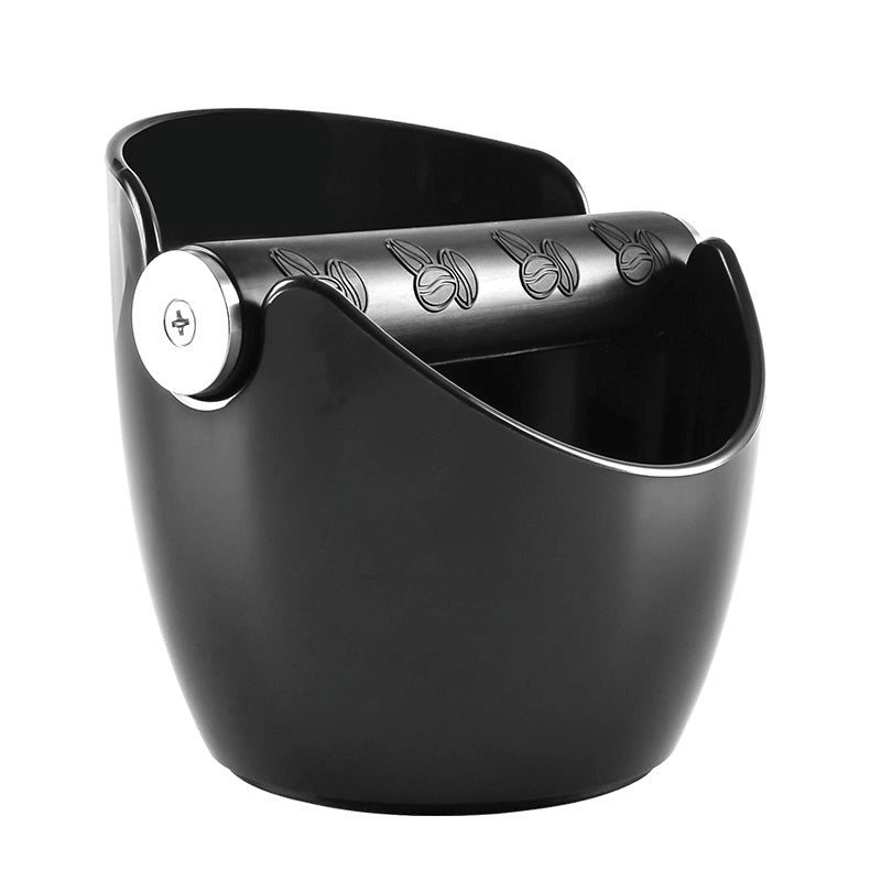 Black ice bucket with silver lid on a white background