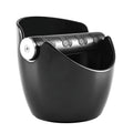 Black ice bucket with silver lid on a white background