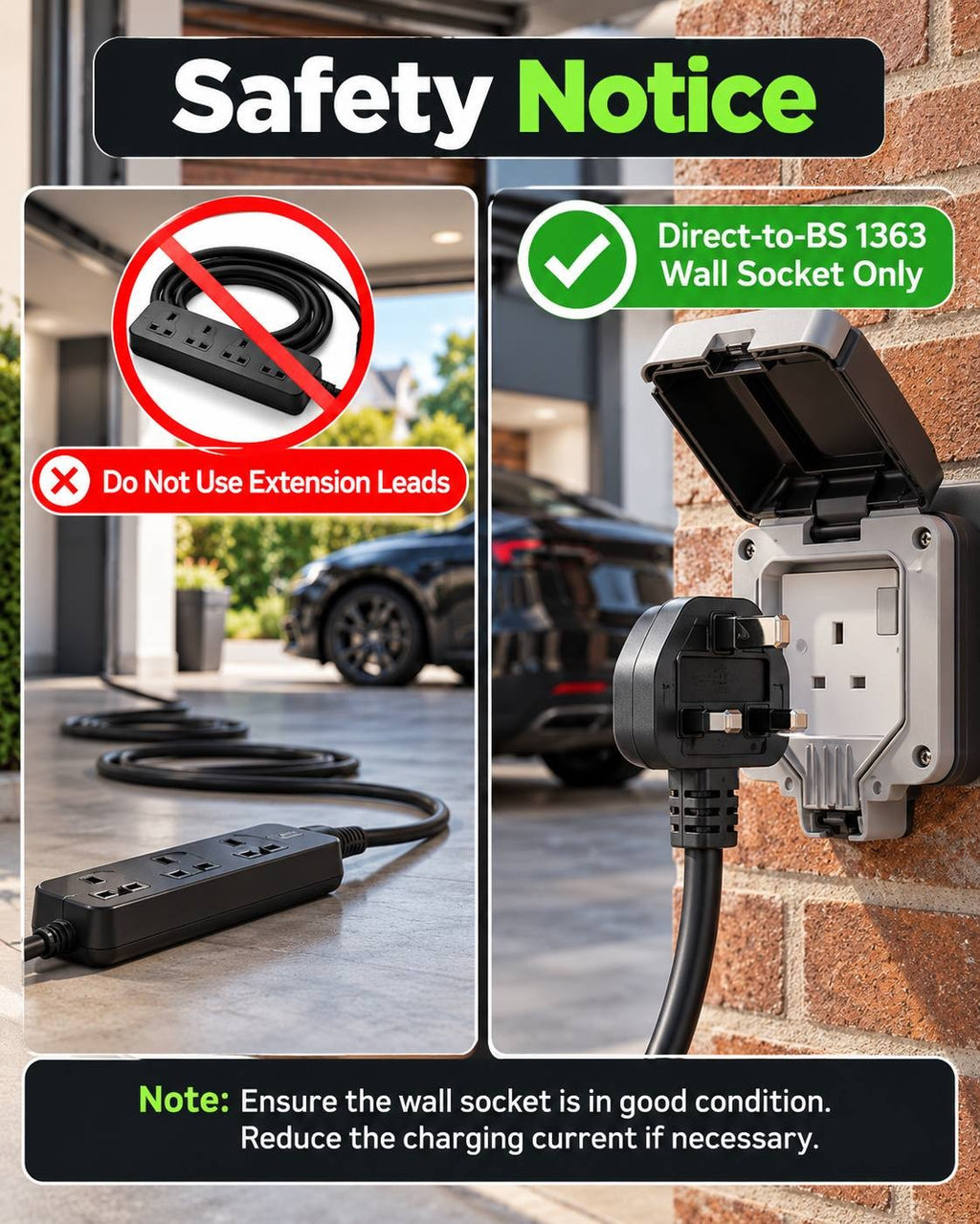 Safety notice infographic for the portable EV charger instructing users to use direct-to-BS 1363 wall sockets only, prohibiting extension leads, and ensuring the socket is in good condition.