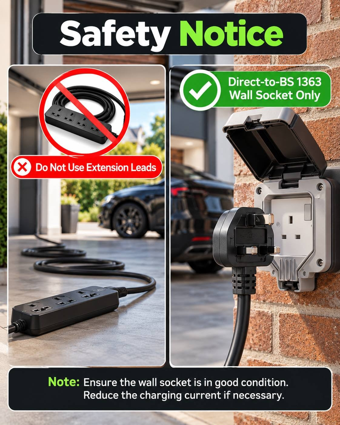 Safety notice infographic for the portable EV charger instructing users to use direct-to-BS 1363 wall sockets only, prohibiting extension leads, and ensuring the socket is in good condition.