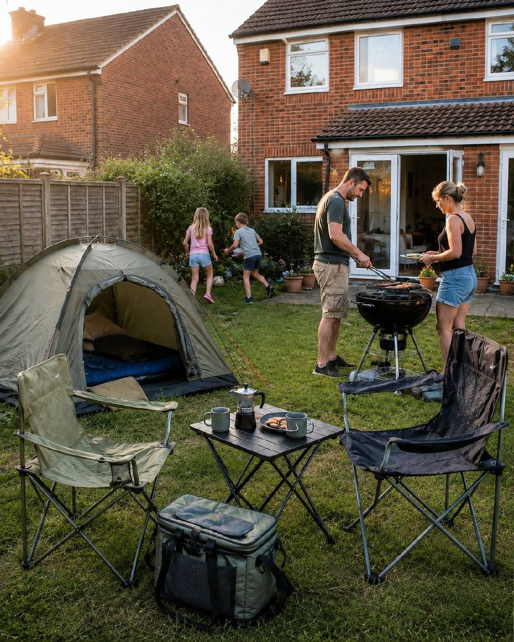 A family backyard setting featuring a camping tent, folding table with a moka pot and mugs, camping chairs, a cooler bag, and a couple cooking at a barbecue grill while children play on the grass near a brick house.