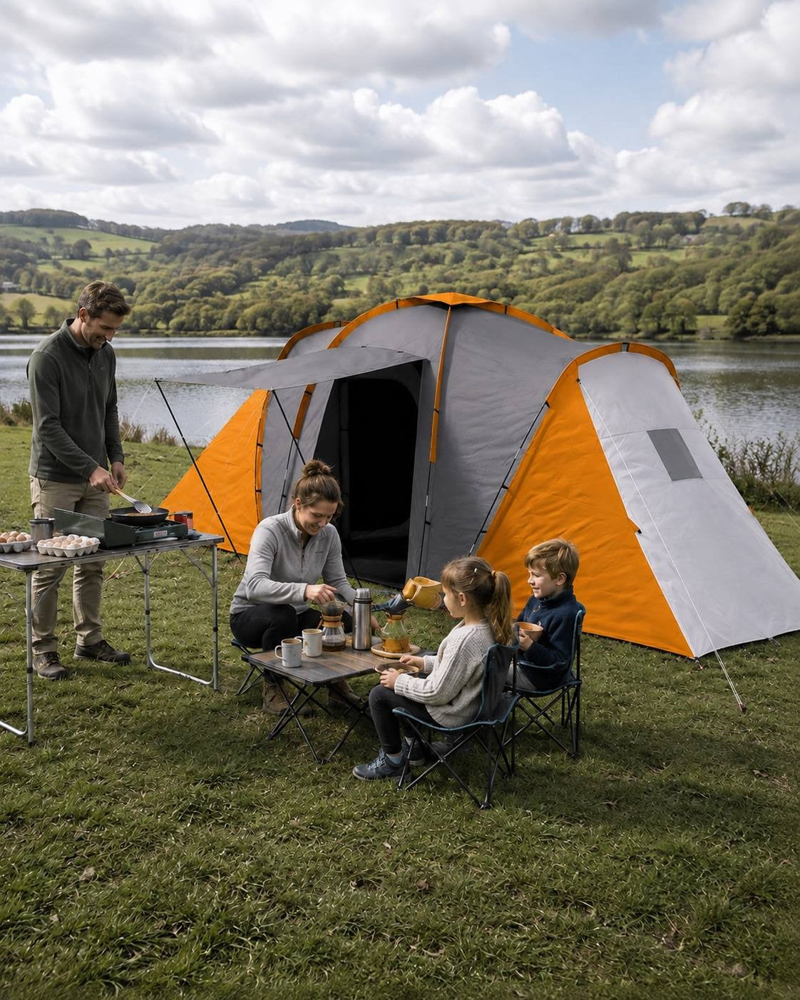 Family camping by a lake with a man cooking on a portable stove, a woman pouring drinks at a small table, and two children sitting outside a large orange and grey family tent.