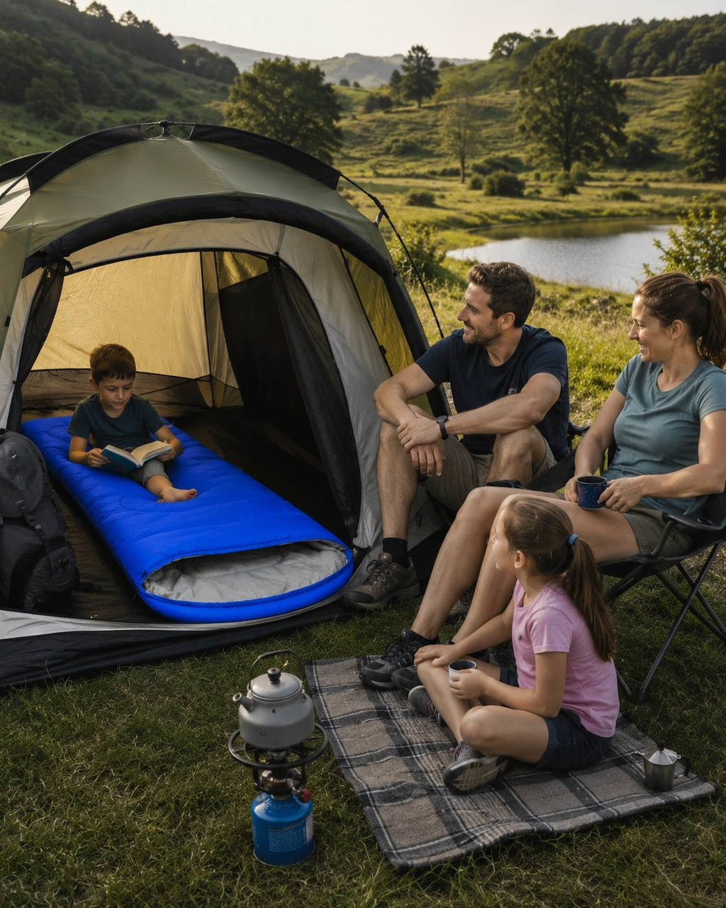 Family of four camping by a lake, featuring a young boy sitting inside a green tent on a blue sleeping bag reading a book, while parents and a young girl sit outside near a camping stove.