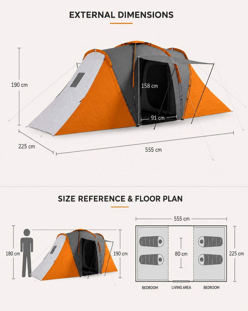 Technical diagram showing the external dimensions, height, floor plan with two bedrooms and a central living area, and human scale reference for a large camping tent.