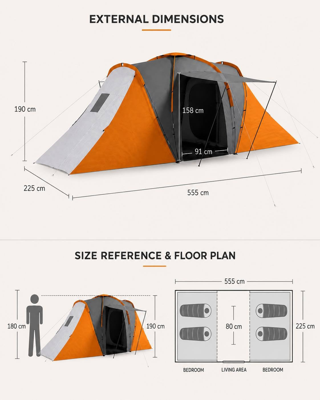 Technical diagram showing the external dimensions, height, floor plan with two bedrooms and a central living area, and human scale reference for a large camping tent.