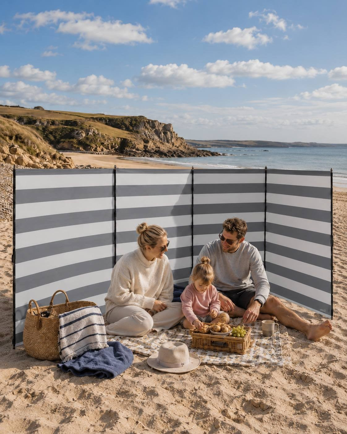 Man, woman, and toddler sitting on a picnic blanket on sandy beach behind a grey-and-white striped windbreak, with a picnic basket and coastal view in the background.
