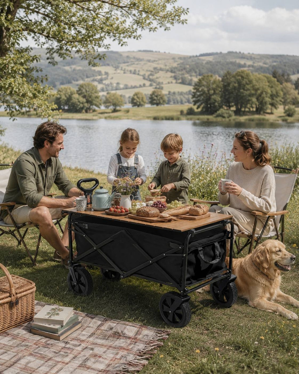 Family with two children and a dog having a picnic by a lake, using a black folding utility wagon with a wooden tabletop as a table.