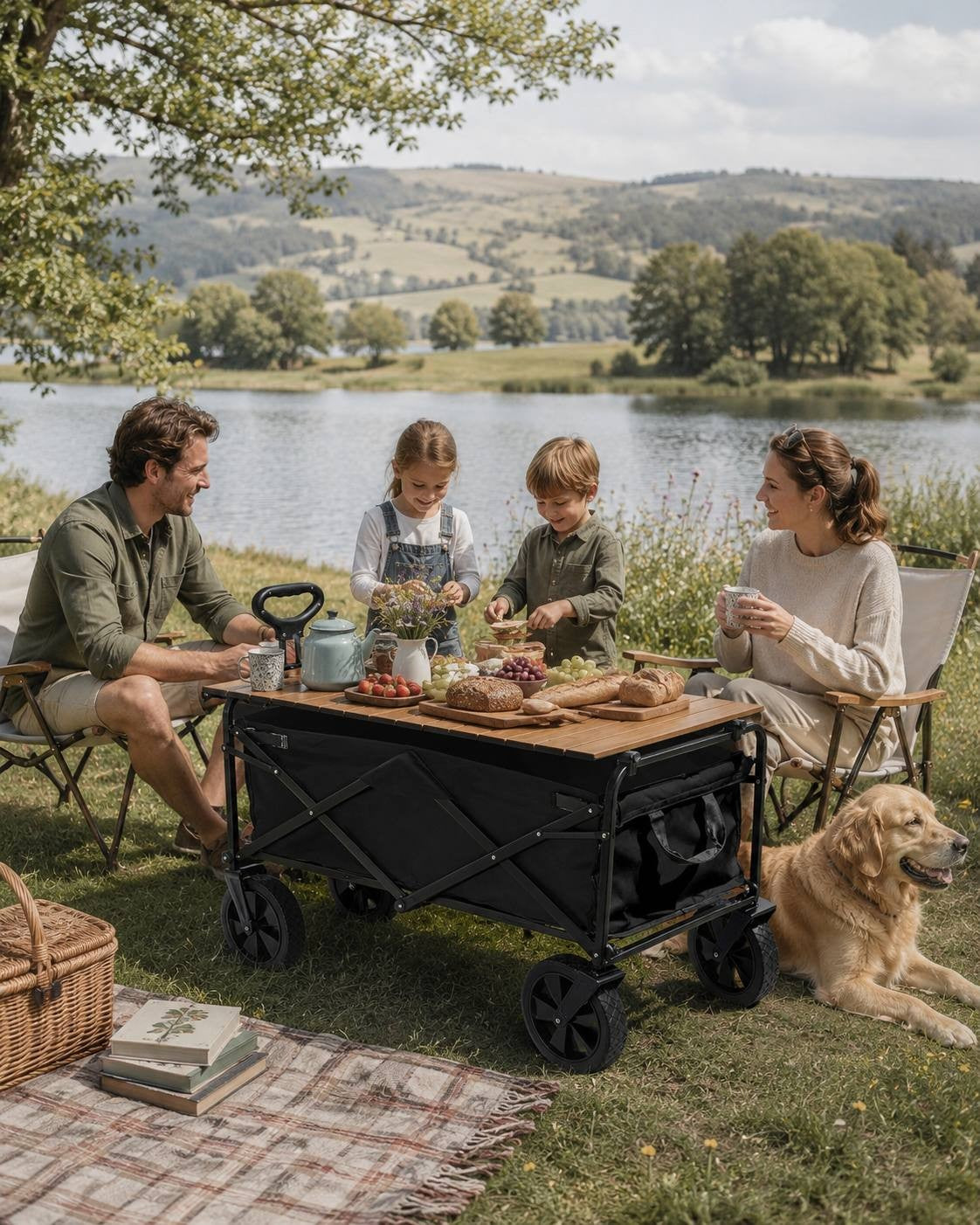 Family with two children and a dog having a picnic by a lake, using a black folding utility wagon with a wooden tabletop as a table.