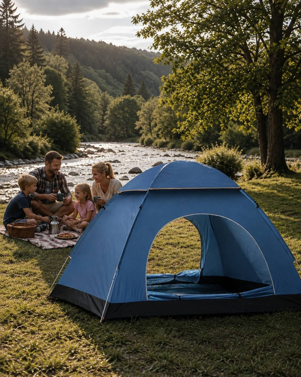 A family with two children enjoying a picnic on a grassy bank next to a blue automatic tent, with a sunlit mountain river and forest in the background.