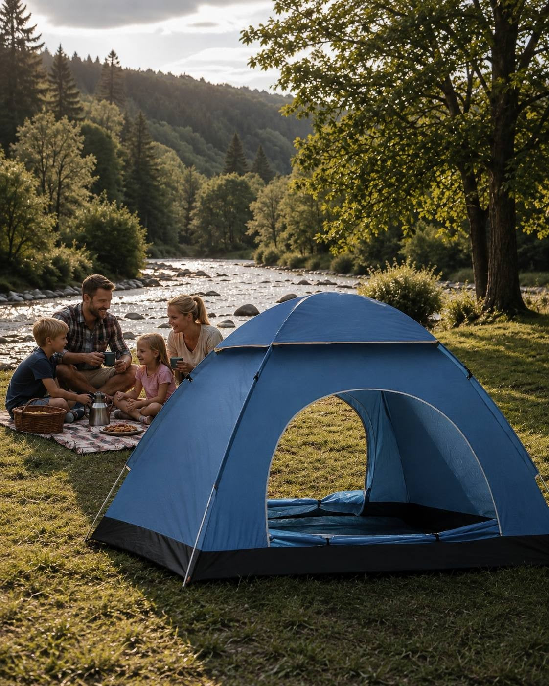 A family with two children enjoying a picnic on a grassy bank next to a blue automatic tent, with a sunlit mountain river and forest in the background.