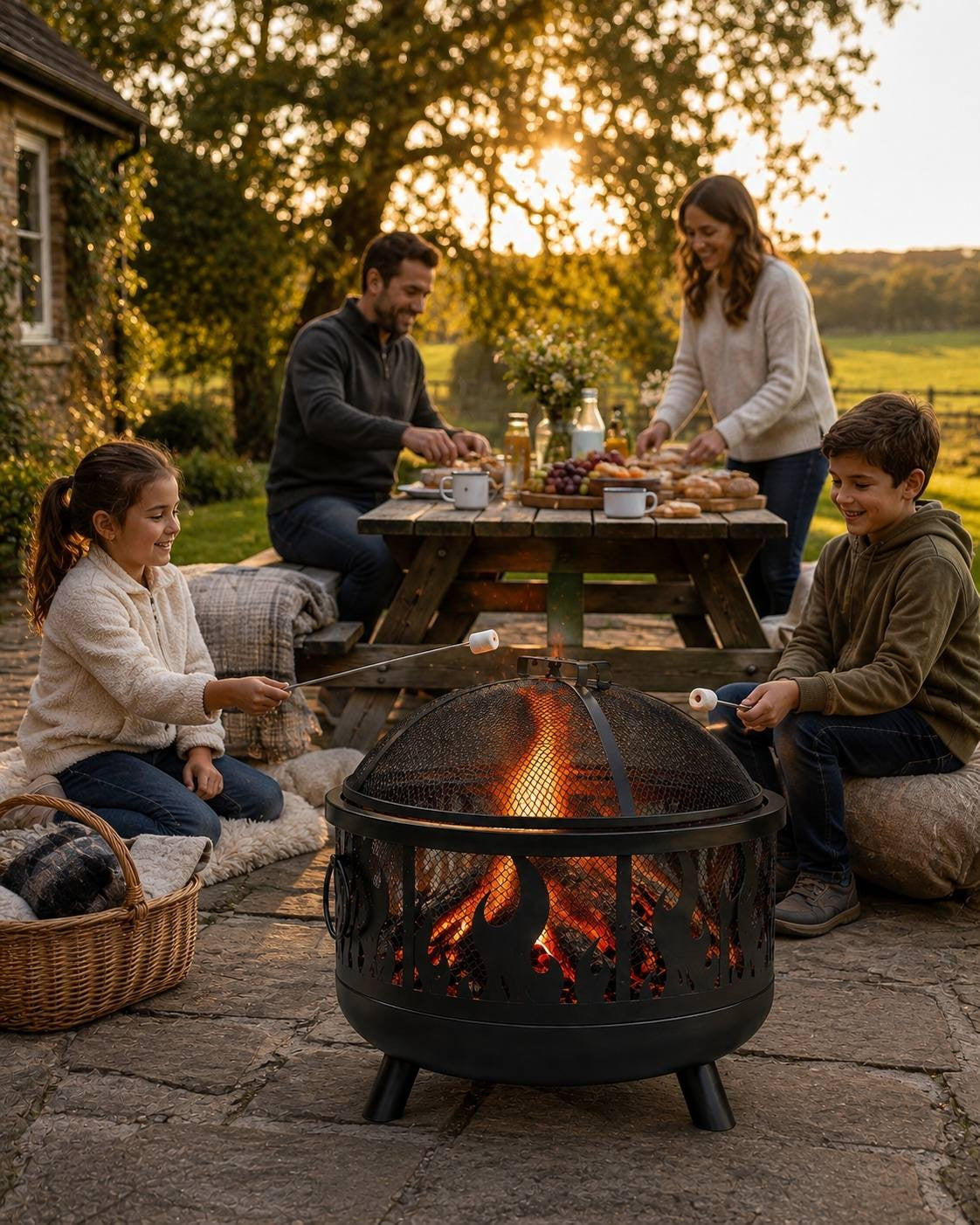 Family of four roasting marshmallows on sticks over a black metal fire pit with a flame cutout design on a stone patio during sunset.