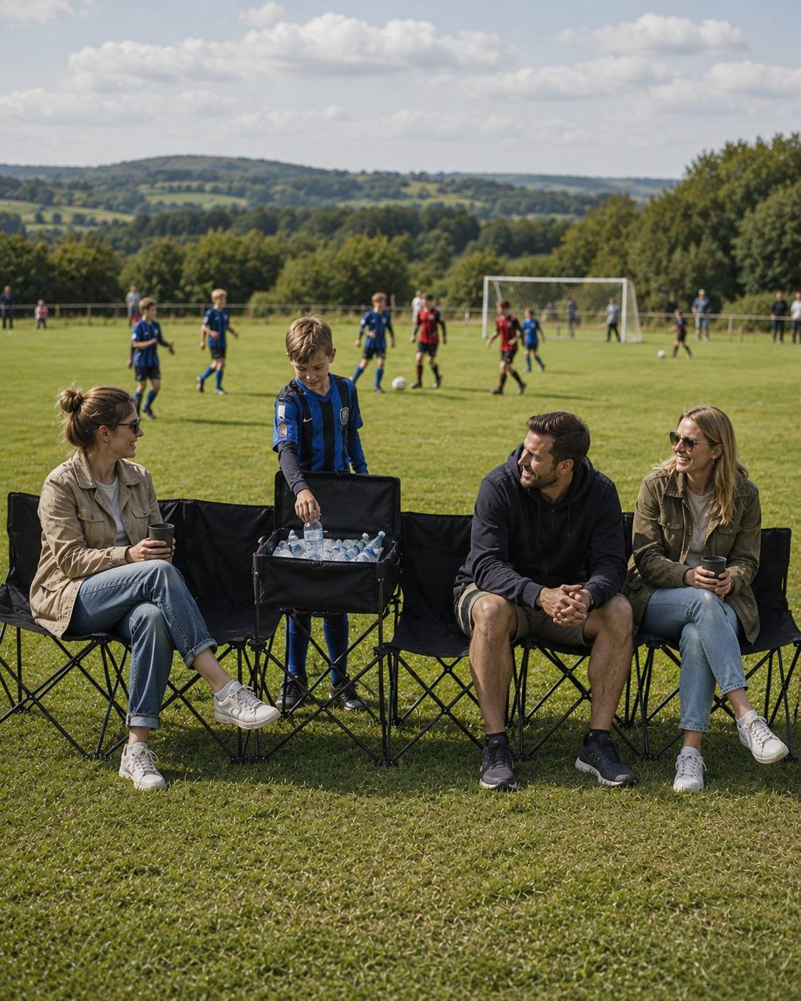 Family sitting on black folding outdoor benches by the sideline of a grassy soccer field while children play a match in the background.