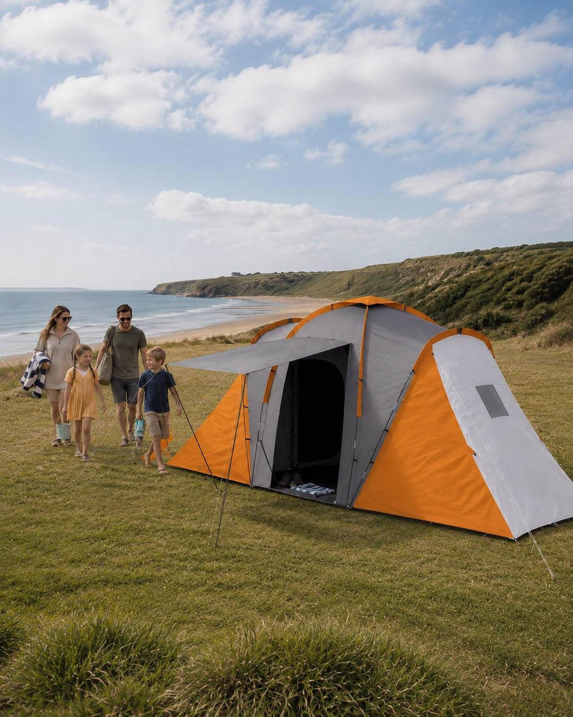 Family with two children walking along a grassy coast near a beach, passing by a large orange and grey family camping tent.