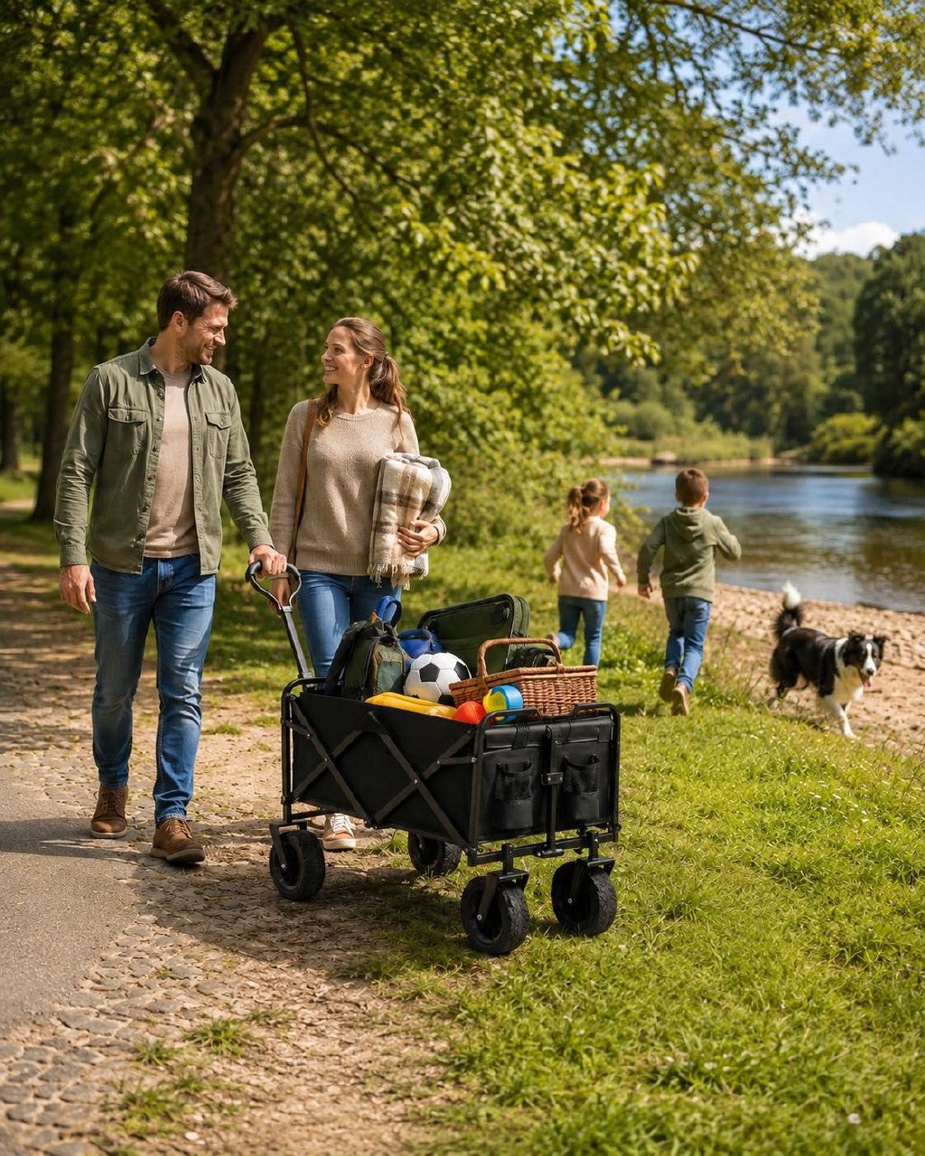 Couple walking along a river path pulling a black folding utility wagon while children and a dog run ahead in the grass.