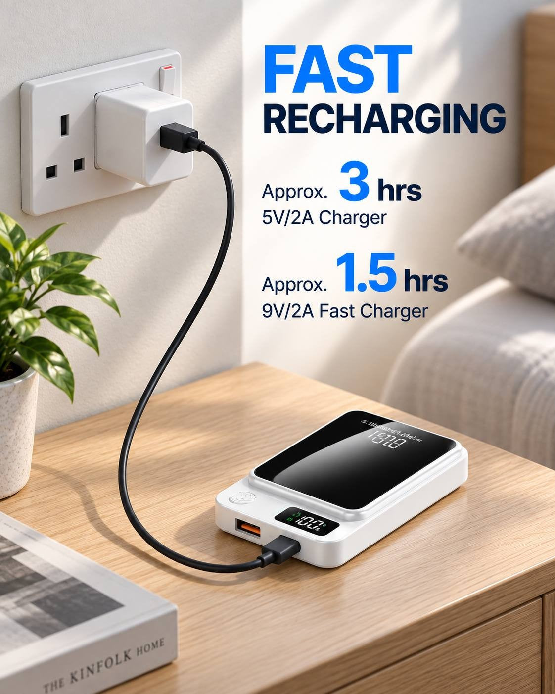 Promotional lifestyle image titled "Fast Recharging" showing a white power bank recharging via a wall charger, detailing times of approximately 3 hours for a 5V/2A charger and approximately 1.5 hours for a 9V/2A fast charger.