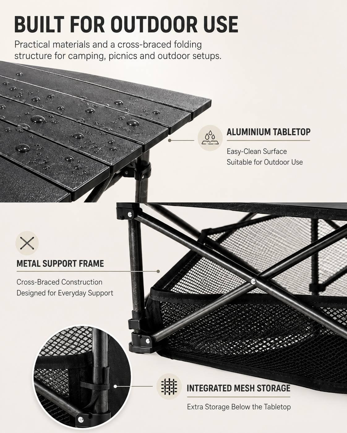 An informational graphic highlighting product features of a black folding camping table, including the waterproof aluminum tabletop, cross-braced metal support frame, and integrated lower mesh storage bag.